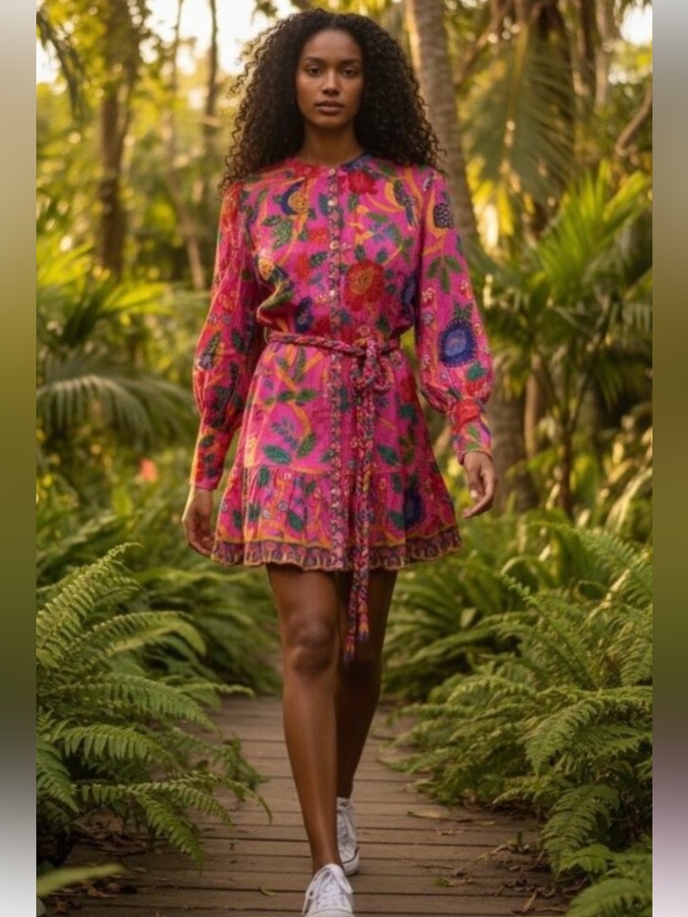 FARM Rio Mycelia Mushroom Print Mini Dress Braided Belt Size S